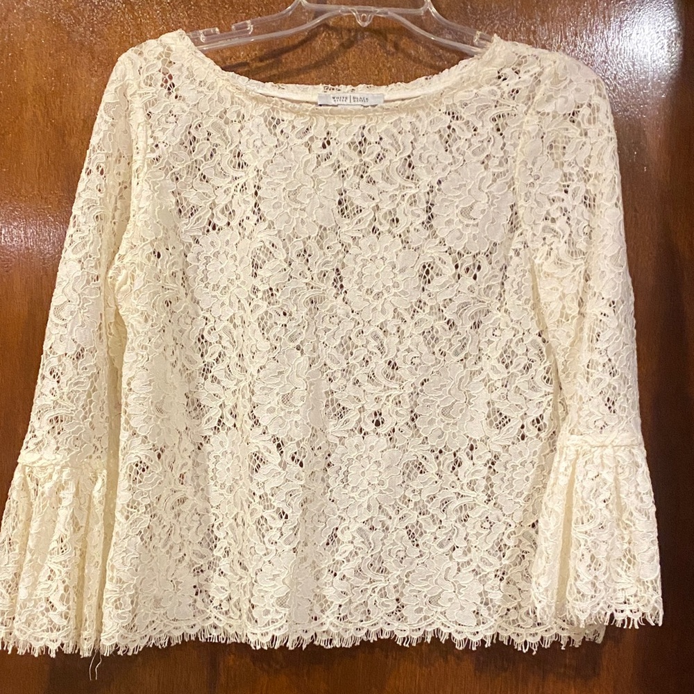 White House Black Market Cream Crochet Lace Bell Sleeve Blouse